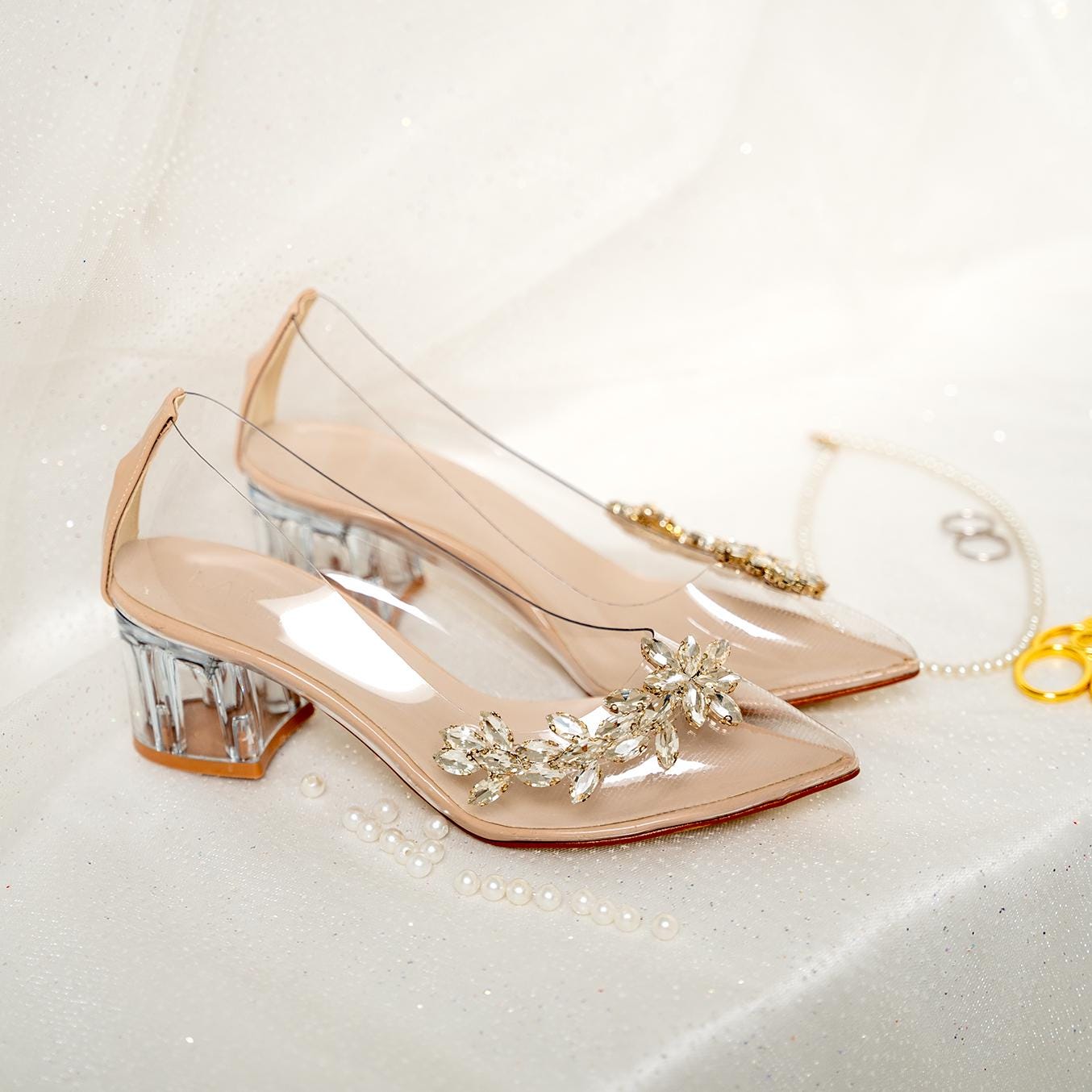 Princess Low Princess Low Heeled Bridal Shoes, Transparent Flower Heeled Shoes ...