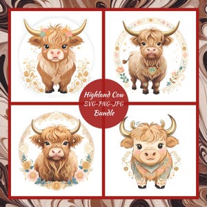 Kawaii Highland Cow SVG PNG Clipart Set, Baby Highland Cow Nursery Art, Printable Cow Decor, Highland Cow Cricut Bundle