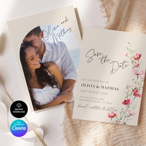 Modèle modifiable « save the date », faire-part de mariage élégant, carte « save the date » florale, imprimable en téléchargement numérique, modèle canva