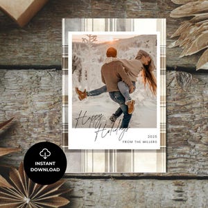 Rustico Plaid Christmas Photo Card - Modello Canva modificabile - Biglietto di auguri personalizzato per le famiglie - Design per le feste felici