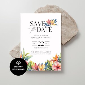 Tropische Hochzeit retten die Datumskarte, druckbare Ziel Strandhochzeit einladen, helle und bunte Blätter + Blumen bearbeitbar 5 x 7