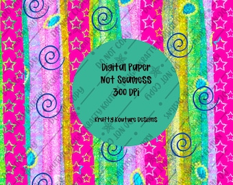 May include: Digital paper with a pink, green, and yellow striped background. The background is covered with stars and swirls. The text "Digital Paper Not Seamess 300 DPI Krafty Kouture Designs" is in a circle in the center of the image.
