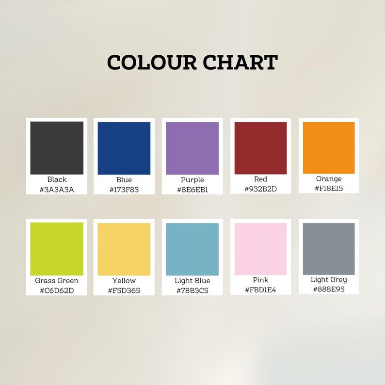 May include: Color chart with 10 color swatches and their corresponding hex codes. The colors are black, blue, purple, red, orange, grass green, yellow, light blue, pink, and light grey.