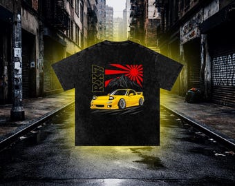 Mazda RX7 JDM Auto Shirt, gelbes Dreh-Grafik-T-Shirt, Streetwear-Kleid