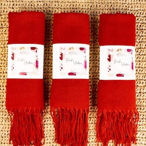 May include: Three red pashmina scarves with fringed edges. Each scarf has a white label with the text "Nick & Ashley" and a watercolor design.