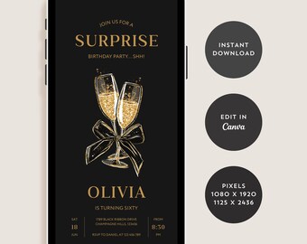 Prosecco Birthday Invitation for Women, Any Age, 60th Birthday Invite, Black Coquette Bow Evite, Champagne Party, Digital Canva Template