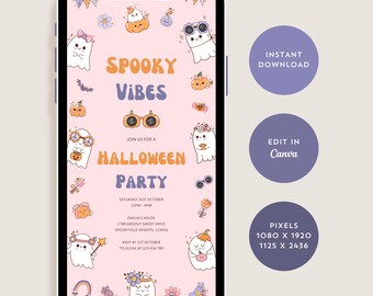 Groovy Retro Halloween Party Invitation, Spooky Pink Ghosts Invite, Cute Kids Halloween Party Evite, Editable Template, Instant Download