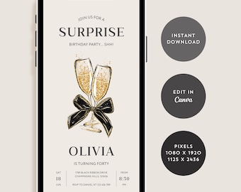Prosecco Birthday Invitation for Women, Any Age, 40th Birthday Invite, Black Coquette Bow Evite, Champagne Surprise Party, Canva Template