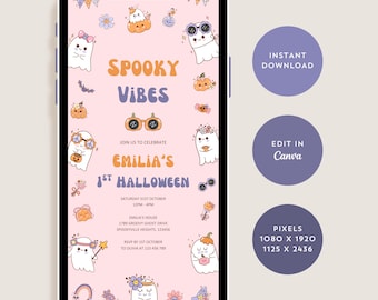 Pink Groovy Halloween Party Invitation, Spooky Ghosts Invite, Cute Kids Halloween Party Evite, Digital Canva Template, Instant Download