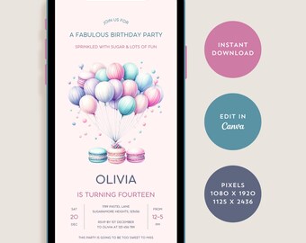 Macaron Sweet One Birthday Invitation Girl, Any Age, 10th Birthday Invite, Pink Pastel Colors, Kids Bday Party Evite, Digital Download Canva