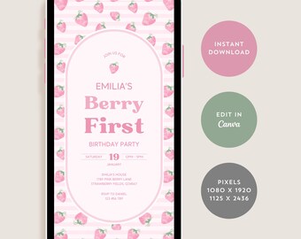 Berry First Birthday Invitation for Girls, Berry 1st Birthday Invite for 1 Year Old Baby Girl, Pink Strawberry Bday Evite, Digital Download