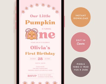 Our Little Pumpkin is Turning One Invitation Template, Editable First Birthday Pumpkin Invite for Fall, Pink Digital Party Evite for Autumn