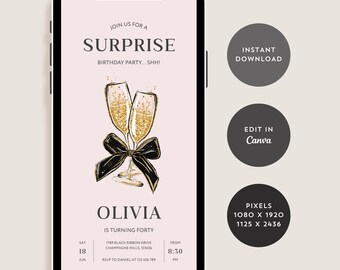 Prosecco Birthday Invitation for Women, Any Age, 50th Birthday Invite, Black Coquette Bow Evite, Champagne Surprise Party, Canva Template