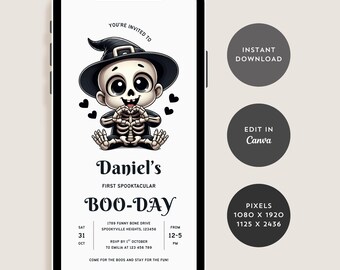 Digital Halloween Birthday Party Invitation Template, Editable Boo Day Invite, 1st Halloween Skeleton, Kids Halloween Party Evite