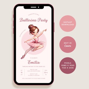 Invito di compleanno con ballerina rosa, invito di compleanno modificabile con ballerina, invito digitale per la festa del primo compleanno di una bambina, download digitale, modello Canva