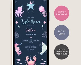 Under The Sea Invite for Kids Birthday Party, Baby First Birthday Invitation, Ocean Theme Evite for Boys Girls Bday, Digital Download Canva