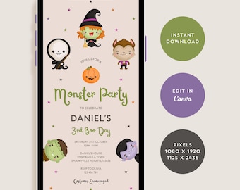 Monster Halloween Birthday Party Invitation for Autumn Fall, Spooky Kids Costume Party Evite, October Booday Party Invite, Canva Template