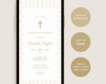 First Holy Communion Invitation for Son or Daughter, White and Gold Classic Design Editable Canva Invite, Digital Evite, Instant Download