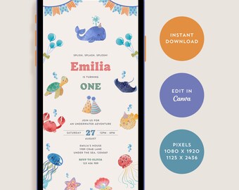 Under The Sea Invite for Kids Birthday Party, Baby First Birthday Invitation, Ocean Theme Evite for Boys Girls Bday, Digital Download Canva
