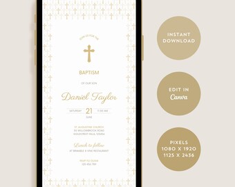 White and Gold Baptism Invitation for Son or Daughter, Editable Invite with Classic Golden Design, Digital Evite, Instant Download Canva