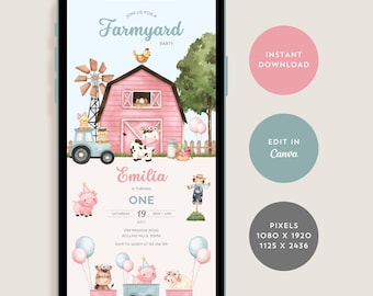 Pink Barn Farm Birthday Invitation, Barnyard Invite for Kids Party, Farmyard 1st Birthday Evite, Editable Canva Template, Digital Download