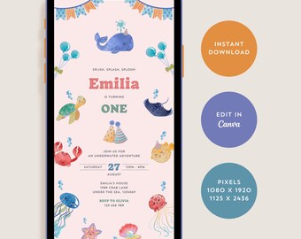 Pink Under The Sea Birthday Invitation, Editable Canva Template, Kids Birthday Party Invite Sea Animals, Personalised Digital Evite
