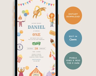Digital Circus Birthday Invitation, Editable Carnival Birthday Invitation, 1st Birthday Invite, Circus Invitation, Carnival Invitation