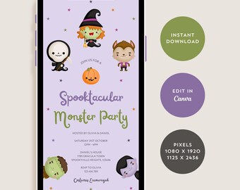 Spooky Monster Halloween Party Invitation, Kids Halloween Invite, Spooktacular Costume Party Evite for Children, Editable Template Canva