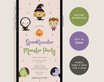 Kids Halloween Party Invitation, Editable Monster Halloween Invite, Spooktacular Costume Party Evite for Children, Canva Instant Download
