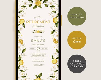 Lemon Retirement Invitation for Woman, Retirement Party Invite, Digital Evite for Farewell Celebration, Instant Download, Canva Template