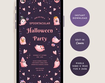 Editable Spooky Halloween Invitation Template, Pink Ghosts Halloween Party Invite, Spooktacular Halloween Evite, Canva Instant Download
