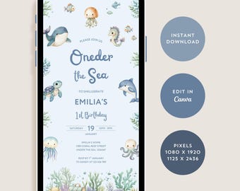 Oneder the Sea Birthday Invitation, Baby First Birthday Invite for Boy Girl, Under the Sea Animals, Toddler 1st Bday Evite, Digital Download