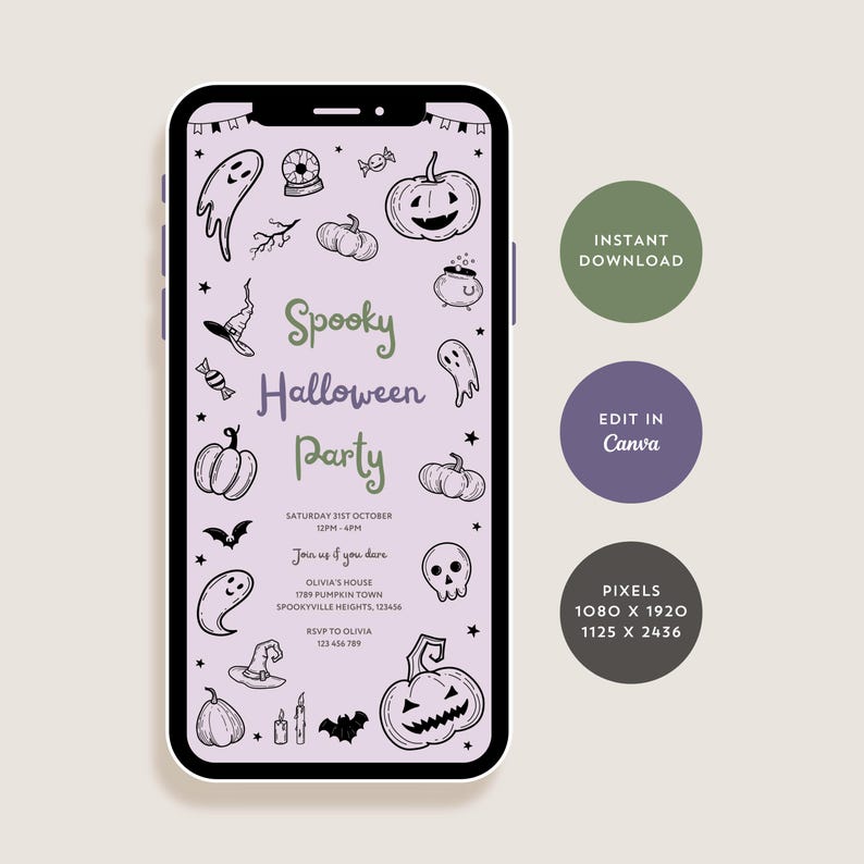 Editable Kids Halloween Party invitation template featuring whimsical Halloween doodles from pumpkins, cheeky ghosts, fluttering bats, twinkling stars, to pointy witch hats, set against a bewitching purple background. This digital party invite includes customisable text to personalise the details of your event.