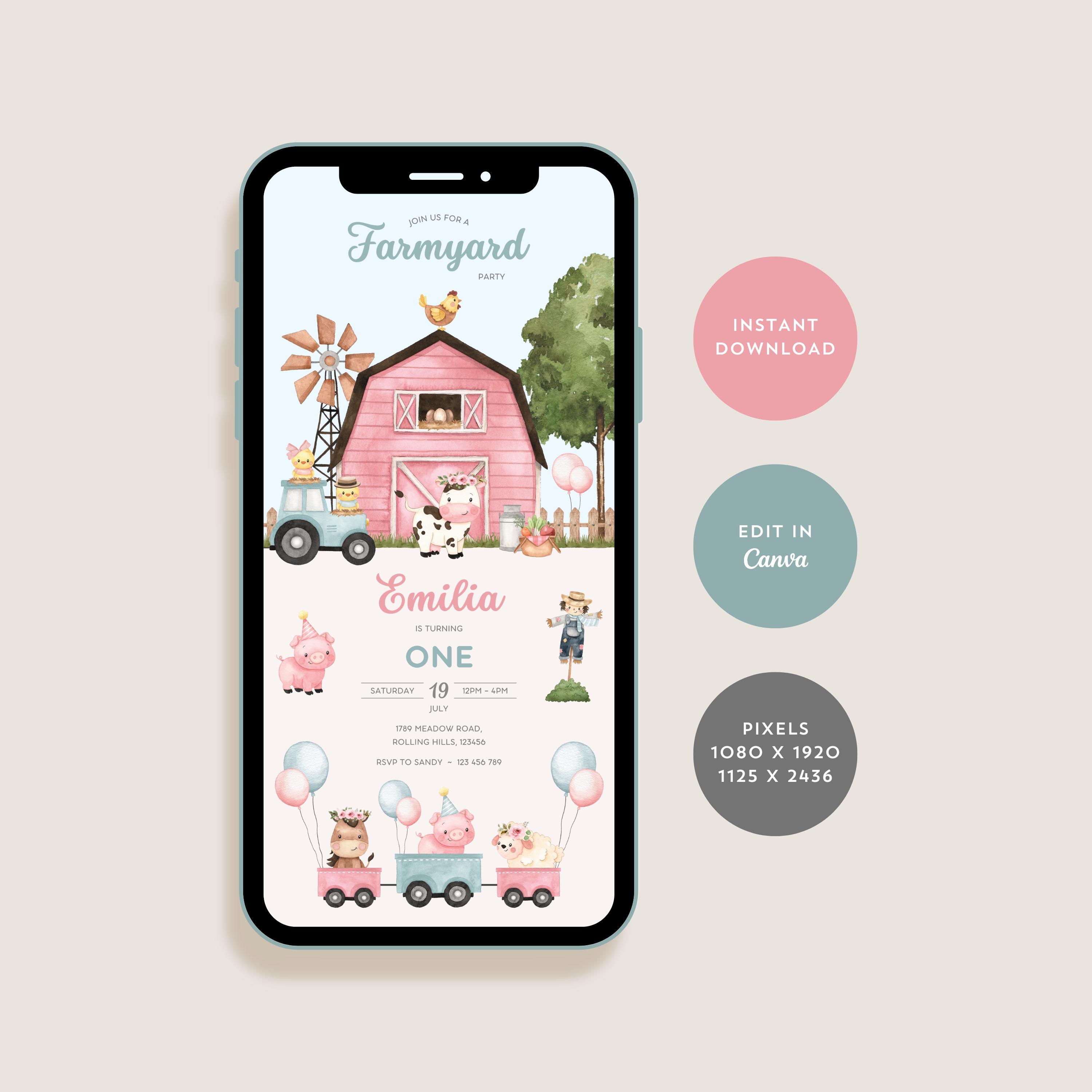 Digital Farm Birthday Invitation, Barnyard Birthday Invite, Farm Animal Birthday, Farmyard 1st Birthday Party, Editable Canva Template