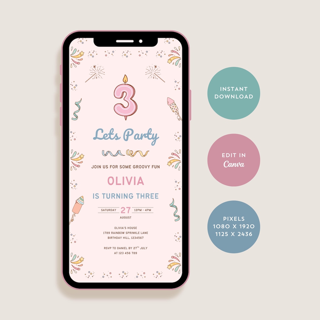 Pink 3rd Birthday Invitation Girl, Childrens Party Evite, Digital ...
