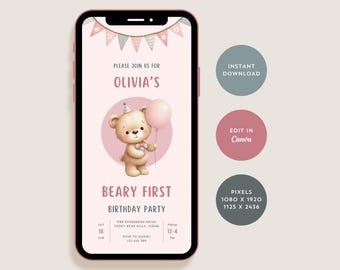 Beary First Birthday Invitation for Girls, 1st Birthday Girl Invite, Pink Teddy Bear Bday Evite for Baby Girl, Digital Download Canva