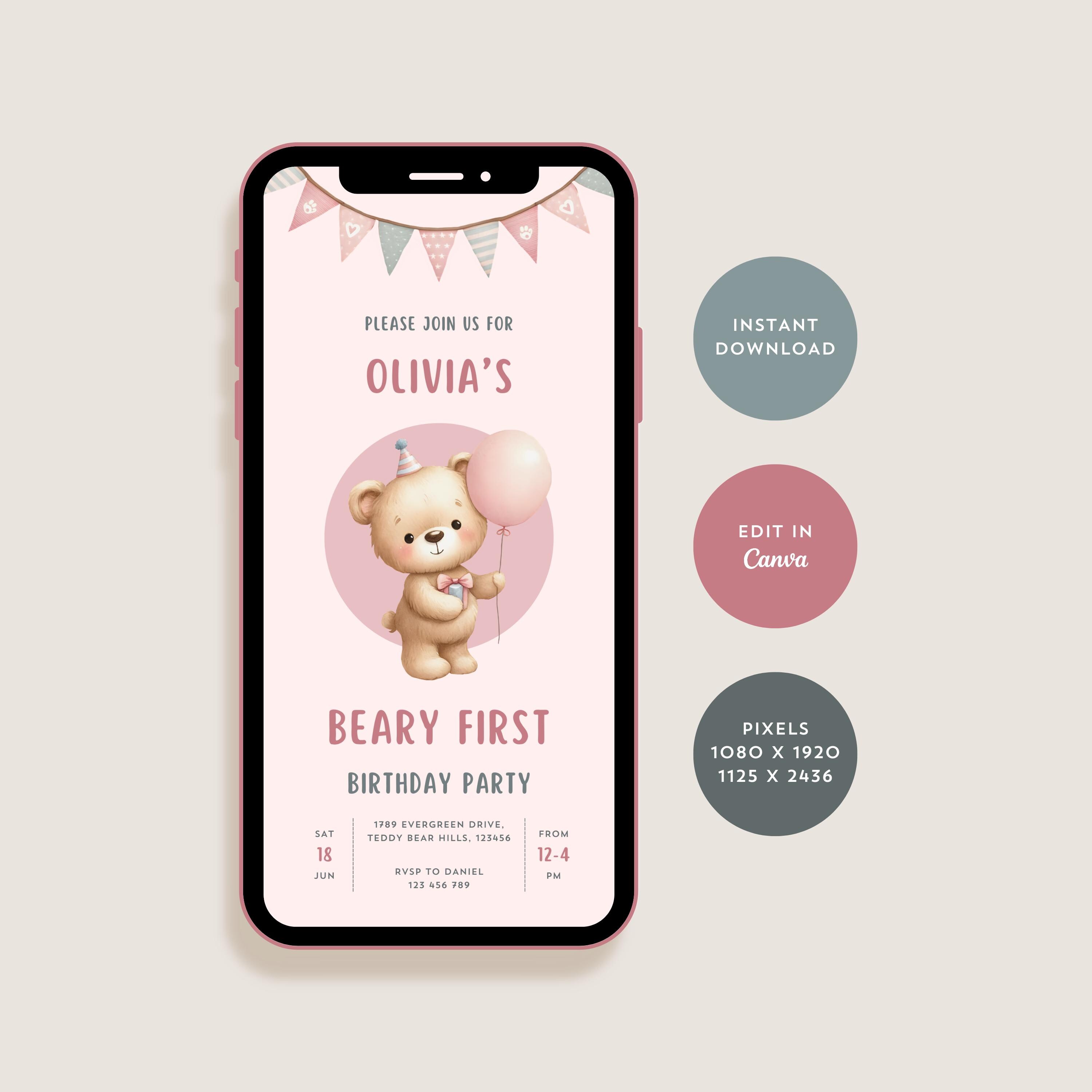 Beary First Birthday Invitation for Girls, 1st Birthday Girl Invite, Pink Teddy Bear Bday Evite for Baby Girl, Digital Download Canva