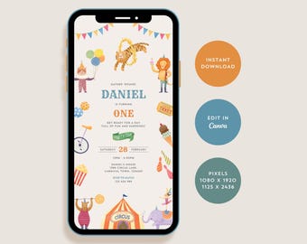 Digital Circus Birthday Invitation, Editable Carnival Birthday Invitation, 1st Birthday Invite, Circus Invitation, Carnival Invitation