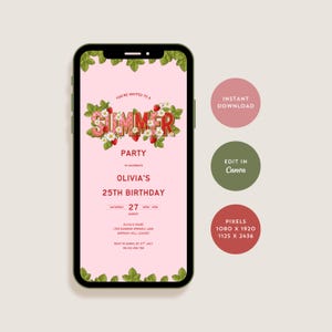 Modelo de convite digital para festa de aniversário de verão, convite para festa no jardim, convite de aniversário de morango editável, convite para festa no quintal Canva