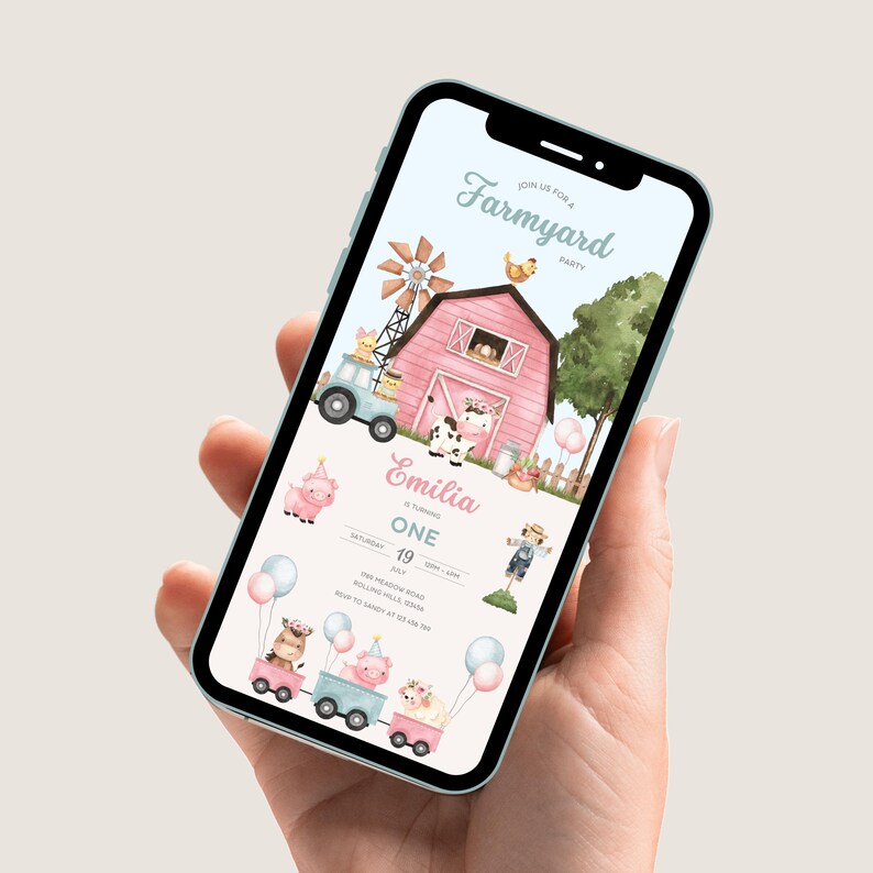A hand holding a phone displaying the Farm birthday invitation, showcasing it in real-life context.