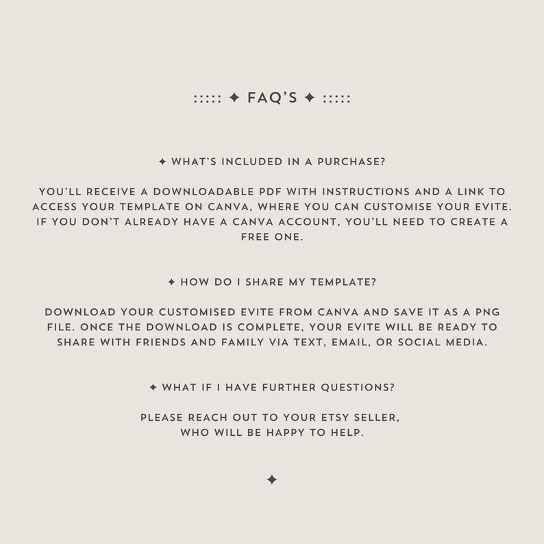 Frequently asked questions about purchasing this digital Canva invitation template.