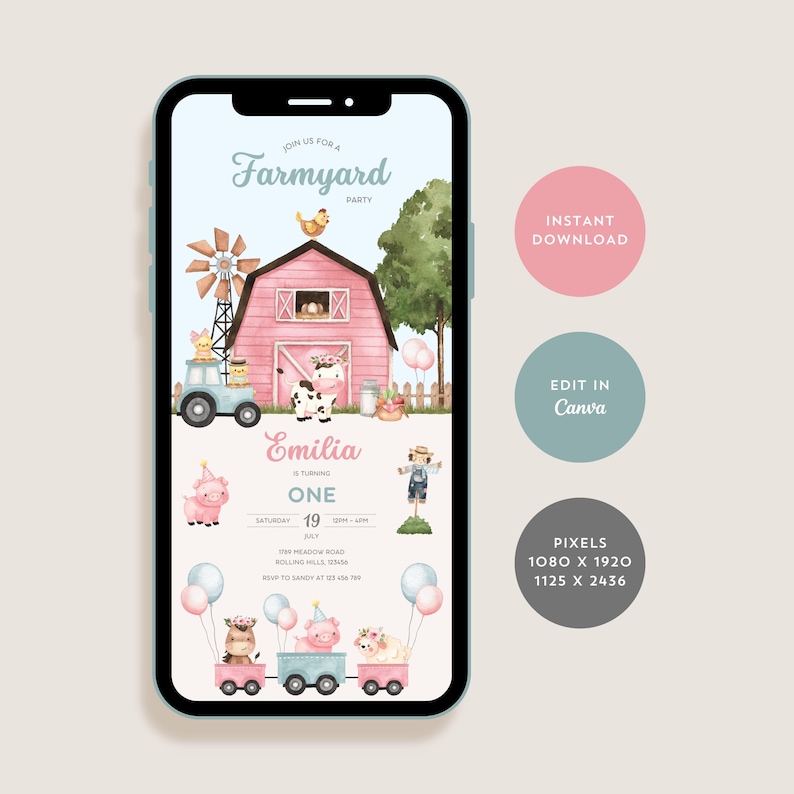 Editable Farm birthday invitation featuring adorable farmyard animals, balloons, and a charming pink barn. This digital invite includes customisable text and a colourful, playful font to personalise your child’s name and age.