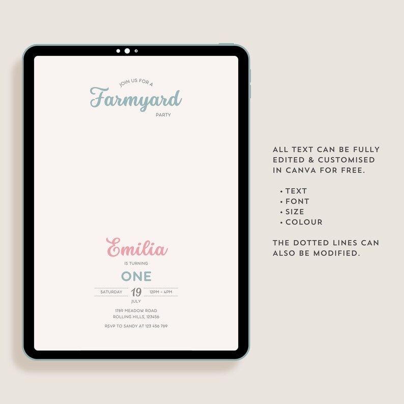Close-up shot highlighting the text that can be fully edited and customised in Canva for free, including font, size, and colour.