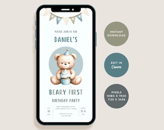 Digital Teddy Bear First Birthday Invitation Template, Editable Beary First Birthday Evite, Boy 1st Birthday Invite, Canva Instant Download