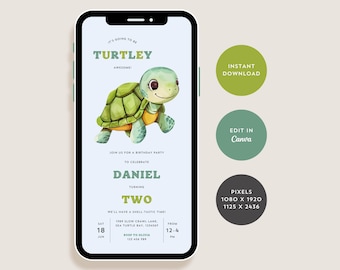 Turtle Birthday Invitation, Milestone 1st Birthday Invite, Turtle Birthday Invite, Under The Sea 1st Birthday Invitation, Editable Template