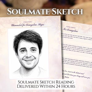 以下が含まれることがあります： SOULMATE SKETCHというタイトルの印刷物。短い黒髪で無精髭を生やし微笑む人物の白黒鉛筆画が描かれている。ページには「Channeled for Evangeline Hayes」というテキストと、「A Written Reflection」と書かれた2枚目のページが含まれている。