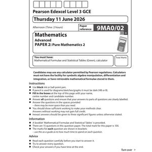 May include: A Pearson Edexcel Level 3 GCE Mathematics Advanced Paper 2: Pure Mathematics 2 examination paper dated Thursday 11 June 2026. The document includes candidate information boxes, instructions, information, advice, and a barcode P86177A.