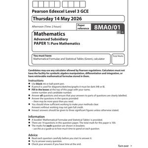 May include: A Pearson Edexcel Level 3 GCE Mathematics examination paper for Thursday 14 May 2026, labelled 8MA0/01. The document includes fields for candidate details, instructions, information, and advice, with a barcode at the bottom.