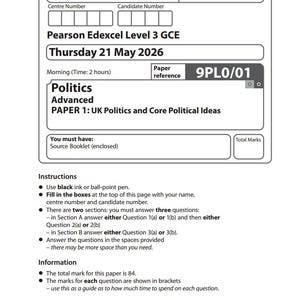 A-nivå Edexcel Politics 2026 - Alla prov med betygsscheman
