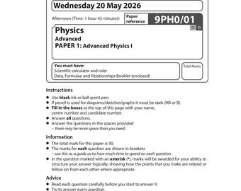 May include: A black and white Pearson Edexcel Level 3 GCE Physics examination paper dated Wednesday 20 May 2026. The document includes fields for candidate information, paper reference 9PH0/01, instructions, information, advice, and a barcode.